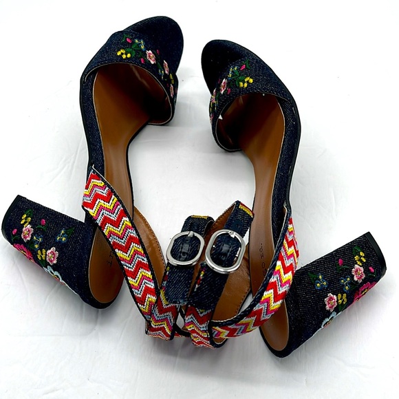 Indigo Rd Embroidered Floral Blue Denim Heels Irbadie Open Toe Size 7.5M Boho - Picture 8 of 17